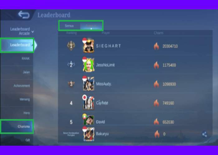 Melihat Leaderboard Charisma Mobile Legends