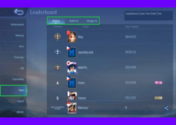 Melihat Leaderboard Followers Mobile Legends